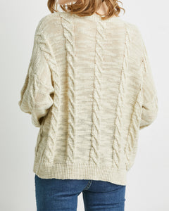 "Blair" Women Cotton Linen Blend Cable Crewneck Sweater